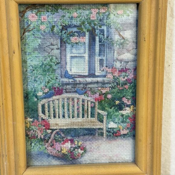 Hand Stitched Cross Stitch Garden Retreat Bench in Rose Garden Artwork 8.5 X 6.5 - Picture 3 of 5